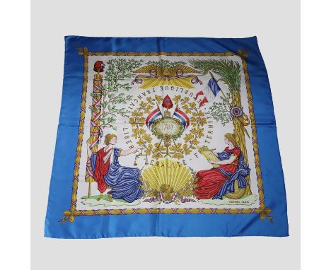A Hermes silk scarf, 789 Liberte Egalite Fraternite" by Joachim Metz, cream ground with pale blue border, 90cmCondition Repor