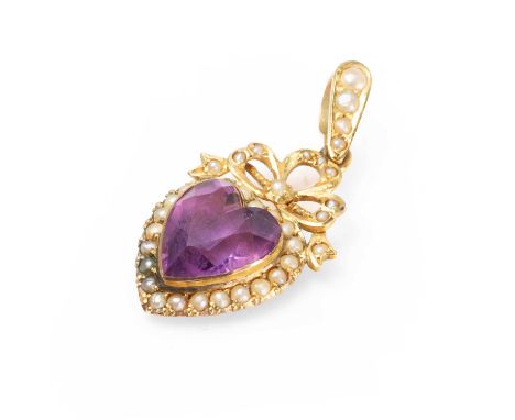 An amethyst and split pearl heart shaped pendant, a central heart shape cut amethyst, bezel set to a surround of split pearls