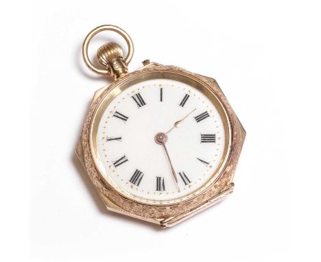 A 14ct gold top wind open faced fob watch, with an octagonal shaped textured case, 32mm in diameter, with enamel verso, exten