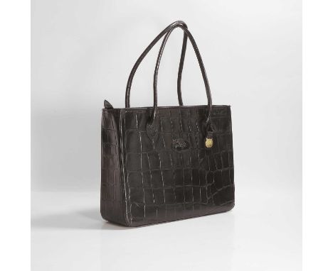 A Mulberry black leather crocodile embossed office bag, dual rolled handles, zip top closure, with three section interior, in