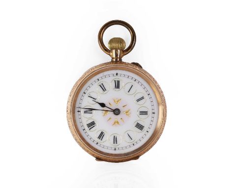 A 14ct gold top wind open faced fob watch, with a 34mm diameter case, a white enamel dial with a pale pink centre, black Roma
