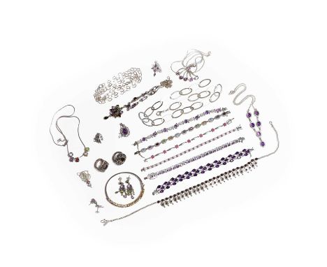 A collection of silver gemstone set jewellery, to include a garnet bead necklace, a three row amethyst bracelet, an amethyst 