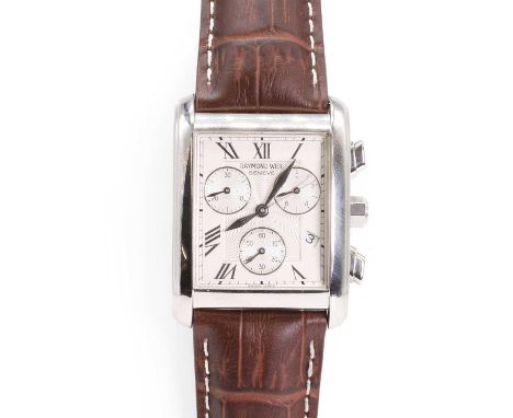 A stainless steel Raymond Weil chronograph quartz strap watch, with a rectangular case, 39mm x 29mm, a silvered dial, silvere
