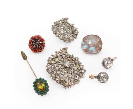 A group of antique paste jewellery, comprising a pair of Georgian paste drop earrings, pinched collet set in silver, to later