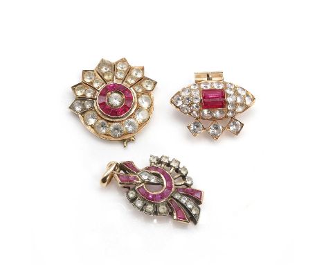 A group of three retro style synthetic gemstone pendants, comprising a red synthetic spinel and colourless stone drop pendant