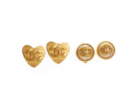 Two pairs of clip earrings, by Chanel, comprising:a pair of CC heart clip earrings, c.1995,each heart shaped with an embossed