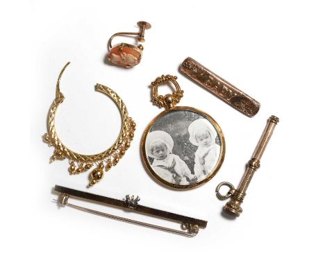 A group of jewellery, comprising a bar brooch mount, gemstone deficient, tested as approximately 18ct gold, an antique photo 