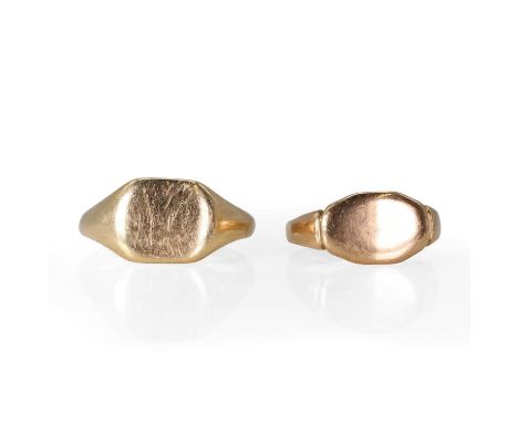 Two signet rings, one with a rectangular head, into tapered shoulders and a D profile shank, and the other with an oval head,