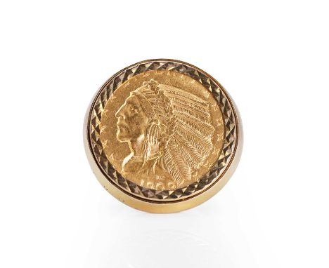 A five dollar coin ring, the five dollar 'Indian head' coin, dated 1909, spectacle set  to a 9ct gold mount with a machine en