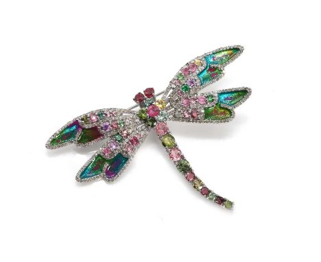 A silver ruby, tourmaline and diamond dragonfly pendant/brooch, with round cut ruby eyes, set throughout with round cut tourm