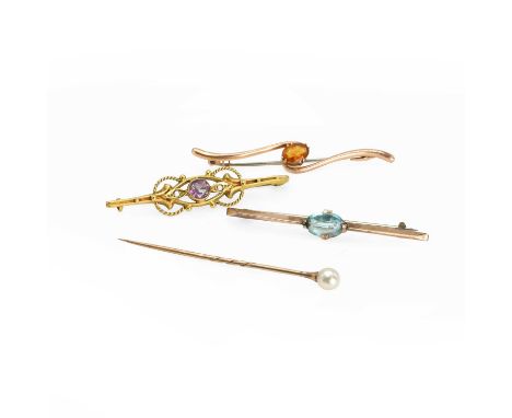 A group of three bar brooches and a stick pin, comprising:a group of three bar brooches,a 9ct gold amethyst and split pearl b