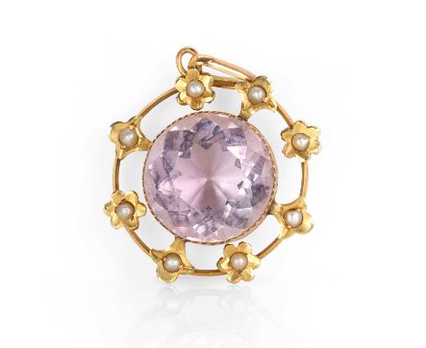 A Victorian amethyst and split pearl pendant, a round mixed cut amethyst, collet set within an open garland surround adorned 