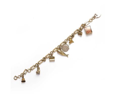 A 9ct gold charm bracelet, with pierced circular and rectangular links, to a bolt ring clasp and small heart shaped padlock t