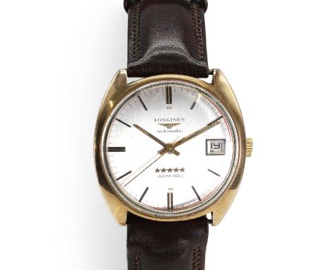 A gentlemen's Longines Admiral automatic strap watch, with a 33mm diameter case, a brushed silvered dial, black baton hands, 