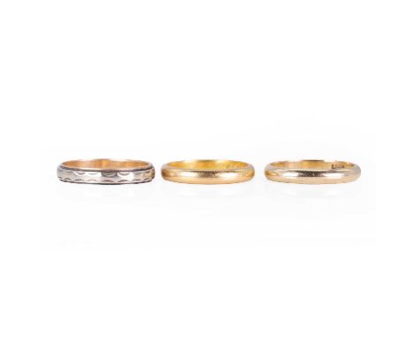 A group of three gold wedding rings, comprising: a 22ct gold wedding ring,with a D profile,a two colour gold wedding ring,sta