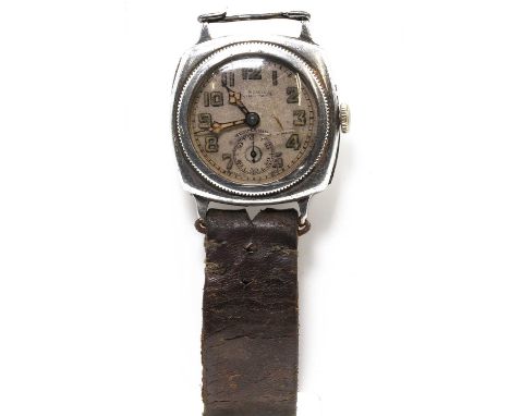 A silver manual wind Submarine mechanical strap watch, c.1932, with a cushion shaped case, 30mm x 30mm, a silvered dial, blac