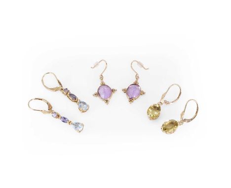 A group of 9ct gold gemstone set drop earrings, comprising:a pair of amethyst drop earrings,to hook wire fittings, 28mm long,