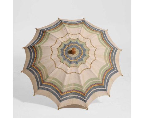 A Hermes parasol 20th century, the canvas with green, blue, yellow, purple and pink stripes, the tube and runner stamped 'HER