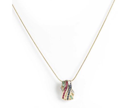 A 9ct gold ruby, sapphire, emerald and diamond pendant, of a crossover design with two lines of round cut rubies and sapphire