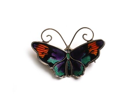 A silver gilt enamel butterfly brooch, by David Andersen, with polychrome enamel wings, to a pin and roller catch, 31mm x 22m
