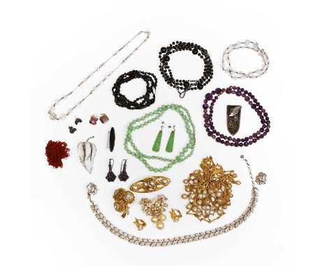 A collection of gemstone and costume jewellery, to include a graduated single row amethyst bead necklace, a graduated single 