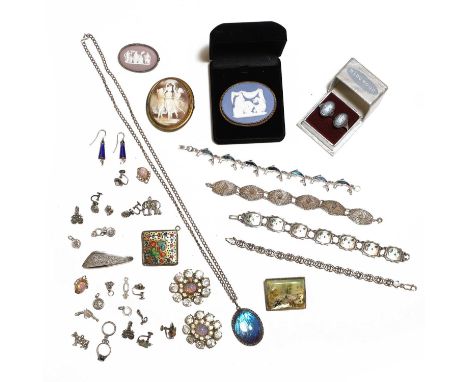 A group of silver and costume jewellery, to include a pair of enamel floral drop earrings, a filigree brooch/pendant, a filig