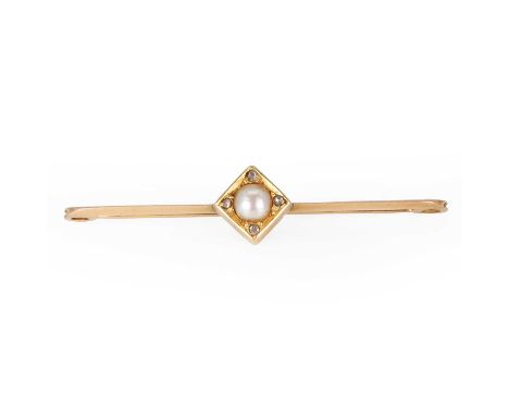 An Edwardian split pearl and diamond bar brooch, with a central bouton pearl, untested, set to a square mount with grain set 