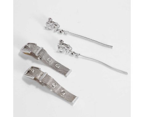 Two pairs of Dior costume drop earrings,  one pair of clip on earrings with buckle and strap, the other with post attachment 