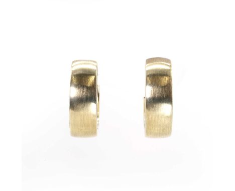 A pair of 9ct gold hoop earrings, each hinged hoop with a brushed satin finish, to clip post fittings, 5.6mm wide, external d