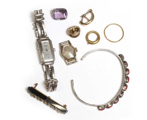 A group of jewellery, watches and findings, comprising a jumbo bolt ring clasp, stamped 18, a wedding ring, both tested as ap