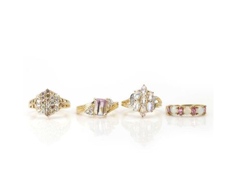 A small group of 9ct gold gemstone set rings, comprising a 9ct gold opal and pink sapphire ring, a 9ct gold vari-coloured gem