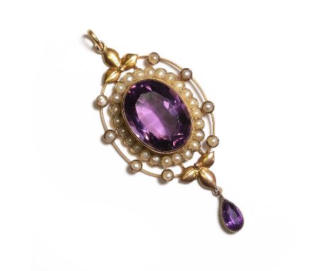 A late Victorian amethyst and split pearl drop pendant, with an oval cut amethyst, 18mm x 13mm, bezel set to a surrounding li