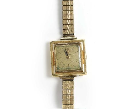A ladies' 18ct gold Corum mechanical bracelet watch, with a textured square case, 21mm x 21mm, a gilt textured dial, black ba