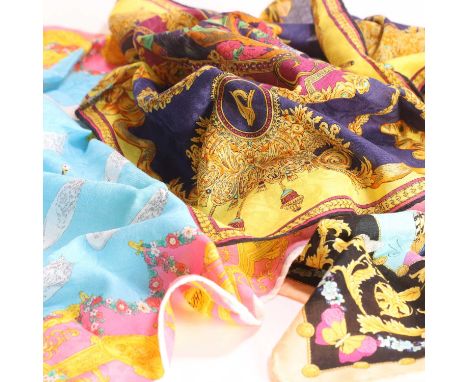 A group of three Gianni Versace foulards, c.1990s, cut in cotton, in various colours, each printed with baroque, floral and a