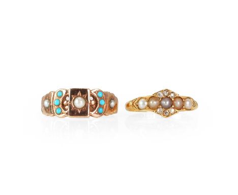A Victorian 18ct gold pearl and diamond ring and an Edwardian 9ct gold ring, the split pearl and diamond ring, with a line of