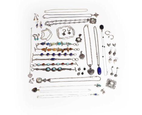 A collection of silver jewellery, to include a turquoise cabochon bracelet, a turquoise and amber link bracelet, a lapis lazu