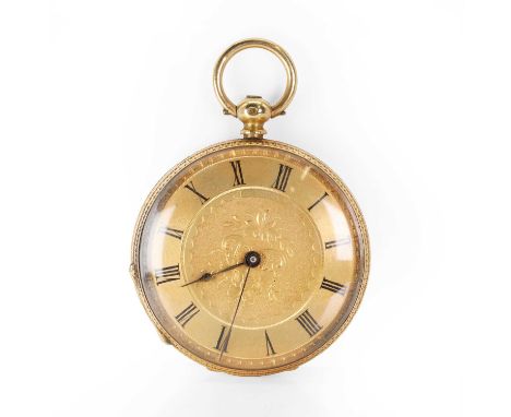 A gold fob watch, with a 42mm diameter case, a gilt engraved dial, black Roman numerals, blued spade and single, blued spade 