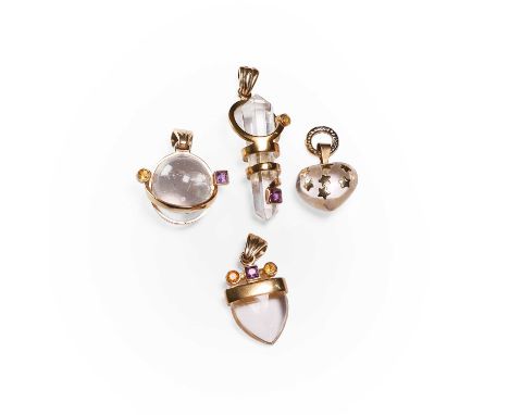 A group of 9ct gold rock crystal pendants, three pendants with a central rock crystal, set to mounts with bezel set round cut