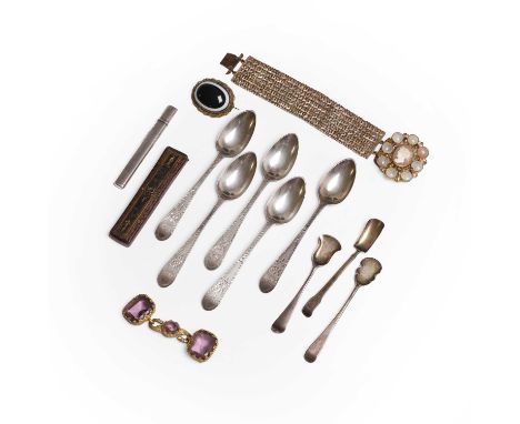A small collection of antique silver and gilt metal items, comprising five silver tea spoons, Sheffield 1837, a silver sugar 