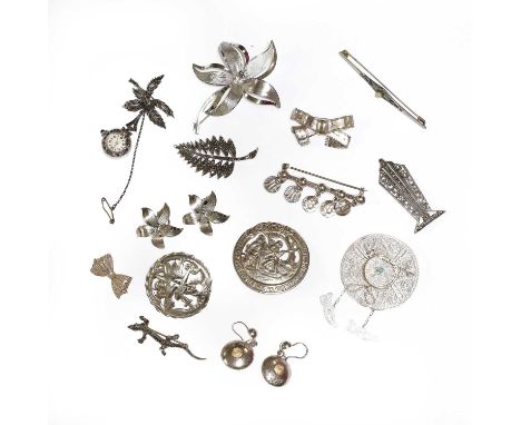 A group of silver and costume jewellery, to include a filigree hat and shoes drop brooch, a bow brooch, a marcasite palm broo