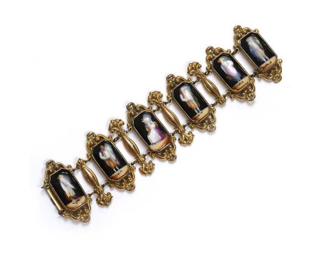 A gilt metal and porcelain panel bracelet, 19th century, possibly pinchbeck, with six porcelain plaques depicting enamelled f