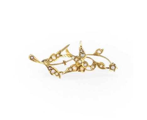 A split pearl swallow brooch, designed as a single swallow set with graduating split pearls, mounted to a foliate split pearl