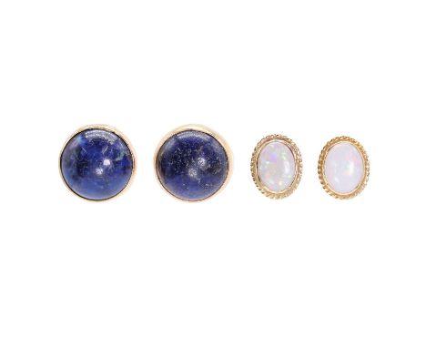 Two pairs of gemstone set stud earrings, comprising:a pair of lapis lazuli stud earrings,each with a round lapis lazuli caboc