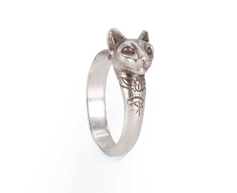 A French silver novelty ring, in the form of the Egyptian goddess Bastet, with an open hoop. French hallmark, 925, maker's ma