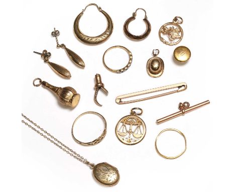 A group of gold jewellery, to include a 22ct gold ring, thin and worn, Birmingham 1876, a five stone ring, stones deficient, 