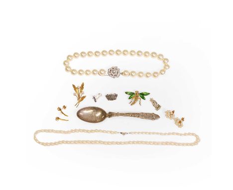 A small group of silver and costume jewellery, comprising a silver commemorative spoon, hallmarked Birmingham, a marcasite cr
