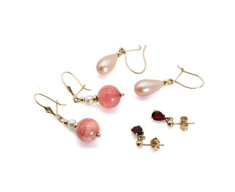 Three pairs of gold earrings, comprising a pair of seed pearl and rhodochrosite earrings, pearls untested, to wire hook fitti
