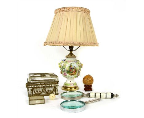 A Continental porcelain table lamp, with floral decoration, together with a French glass and gilt metal trinket box, two magn