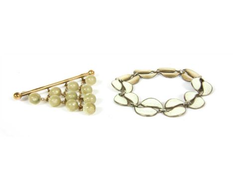 A Norwegian sterling silver and guilloche enamel two row leaf bracelet, by David Anderson, 13.59g, and a brooch with beaded f