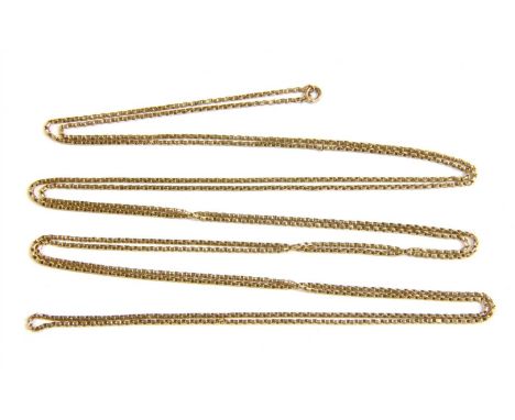 A gold box link long chain, to jump ring, tested as approximately 9ct gold, 13.43g